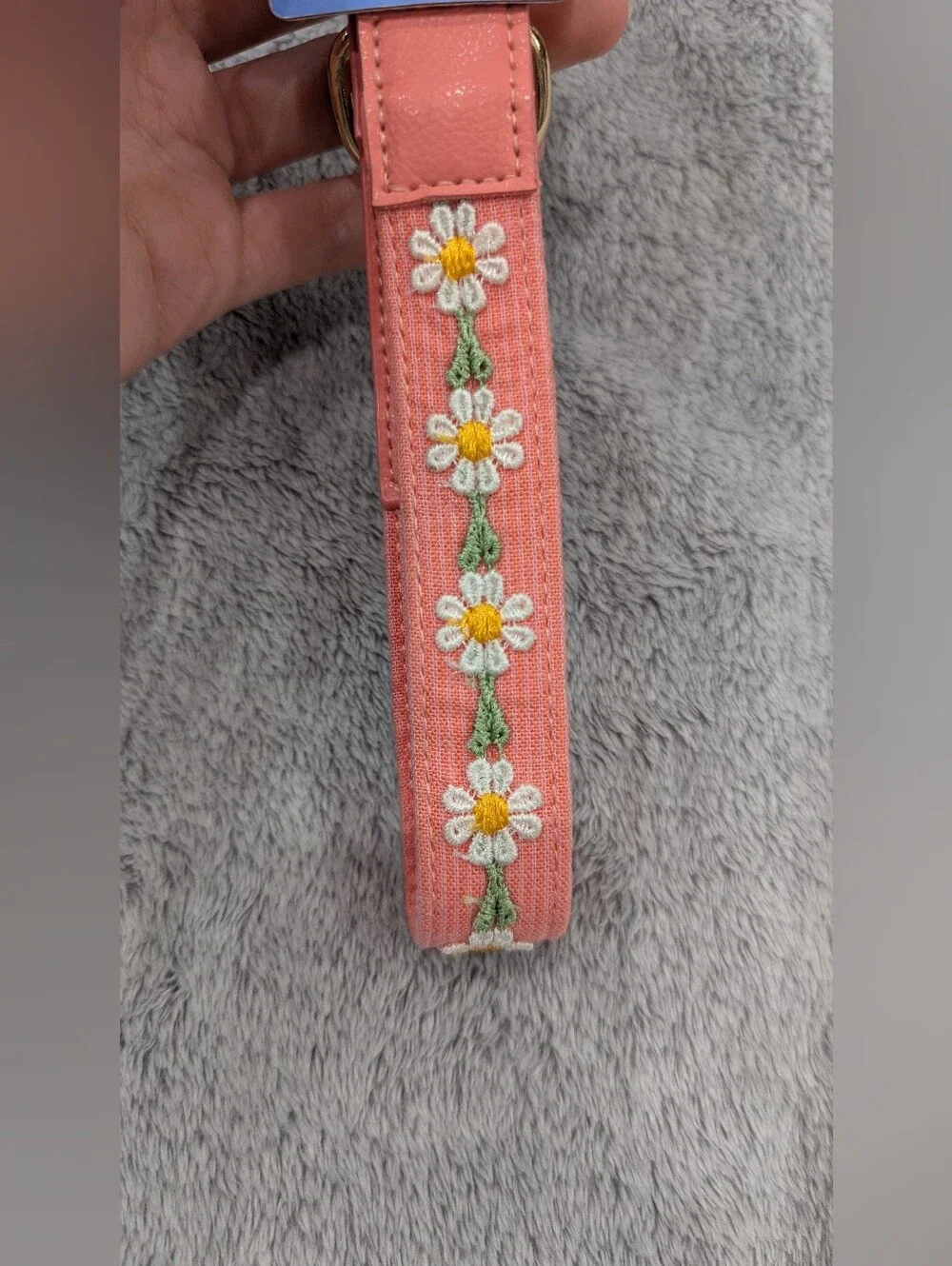 Hooray House Coral Pink Daisy Embroidered Dog Collar with Gold Hardware
